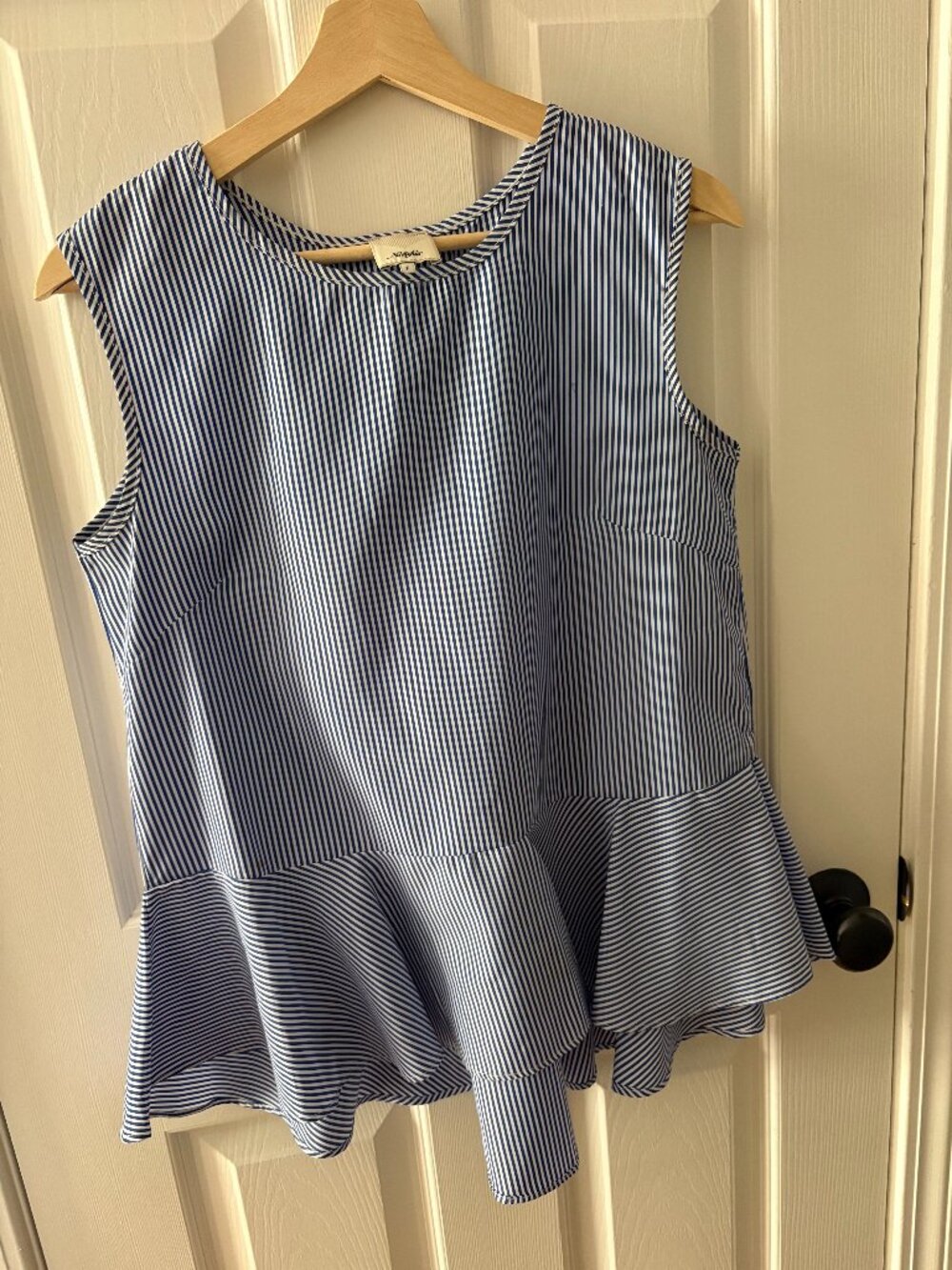 NüdjeFair Blue White Pinstripe Ruffle Peplum Top Size F